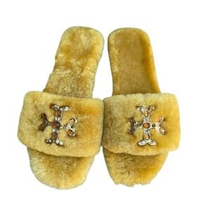 NWOB Tory Burch Jeweled Shearling Slides Honey Yellow